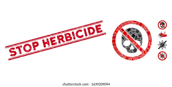 Mosaic no dead skull icon and red Stop Herbicide stamp between double parallel lines. Flat vector no dead skull mosaic icon of random rotated rectangle items.