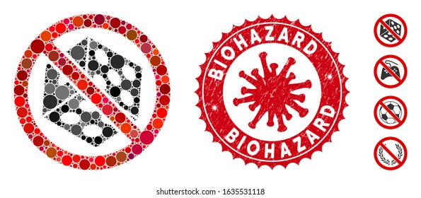 Mosaic no dice gambling icon and red round grunge stamp seal with Biohazard phrase and coronavirus symbol. Mosaic vector is designed with no dice gambling pictogram and with scattered round spots.