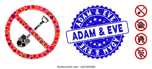 Mosaic no digging icon and grunge stamp seal with Adam & Eve caption. Mosaic vector is designed from no digging icon and with random spheric items. Adam & Eve stamp uses blue color, and grunge design.