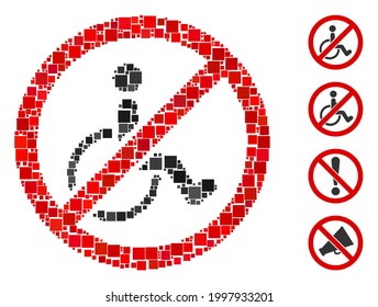 Mosaic No disabled persons icon organized from square items in variable sizes and color hues. Vector square items are grouped into abstract mosaic no disabled persons icon. Bonus icons are added.
