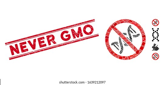 Mosaic no DNA helix icon and red Never GMO stamp between double parallel lines. Flat vector no DNA helix mosaic icon of scattered rotated rectangular items.