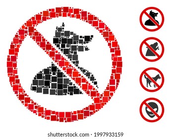 Mosaic No dog man icon constructed from square elements in different sizes and color hues. Vector square elements are combined into abstract mosaic no dog man icon. Bonus icons are added.