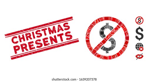 Mosaic no dollar pictogram and red Christmas Presents seal stamp between double parallel lines. Flat vector no dollar mosaic icon of scattered rotated rectangle elements.