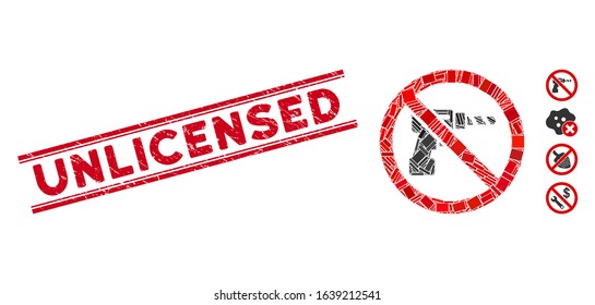 Mosaic no drill icon and red Unlicensed seal stamp between double parallel lines. Flat vector no drill mosaic icon of scattered rotated rectangular items. Red Unlicensed stamp with grunged texture.