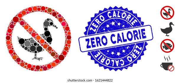Mosaic no duck icon and grunge stamp seal with Zero Calorie phrase. Mosaic vector is composed with no duck icon and with randomized spheric items. Zero Calorie stamp seal uses blue color,