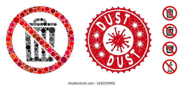 Mosaic no dustbin icon and red rounded grunge stamp seal with Dust caption and coronavirus symbol. Mosaic vector is created from no dustbin icon and with scattered circle spots.