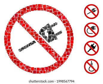 Mosaic No electric cord icon composed of square elements in random sizes and color hues. Vector square parts are composed into abstract mosaic no electric cord icon. Bonus pictograms are placed.