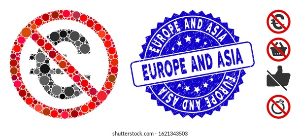 Mosaic no euro icon and grunge stamp watermark with Europe and Asia text. Mosaic vector is formed with no euro icon and with randomized round items. Europe and Asia stamp uses blue color,