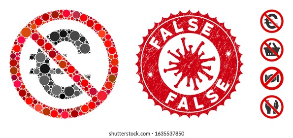 Mosaic no euro icon and red round corroded stamp seal with False text and coronavirus symbol. Mosaic vector is created with no euro pictogram and with randomized spheric spots.