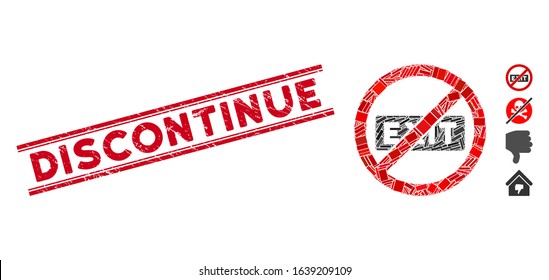 Mosaic no evacuation icon and red Discontinue stamp between double parallel lines. Flat vector no evacuation mosaic icon of random rotated rectangular elements.
