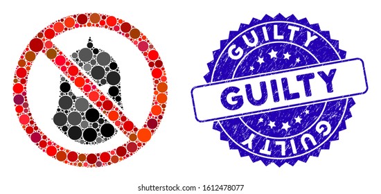Mosaic no executioner balaclava icon and grunge stamp watermark with Guilty phrase. Mosaic vector is formed with no executioner balaclava icon and with random spheric elements.