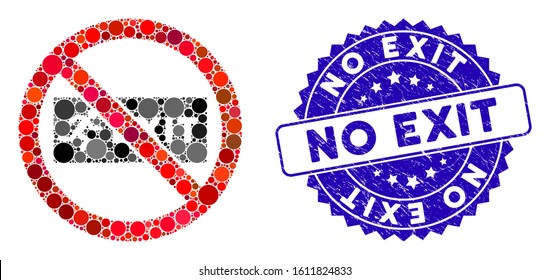 Mosaic No Exit Icon And Grunge Stamp Seal With No Exit Caption. Mosaic Vector Is Formed From No Exit Icon And With Random Circle Elements. No Exit Stamp Seal Uses Blue Color, And Grunged Surface.