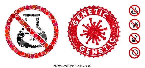 Mosaic no extracorporeal children icon and red round rubber stamp seal with Genetic text and coronavirus symbol.