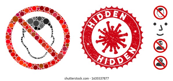 Mosaic no face icon and red round distressed stamp seal with Hidden text and coronavirus symbol. Mosaic vector is designed with no face pictogram and with random round elements.