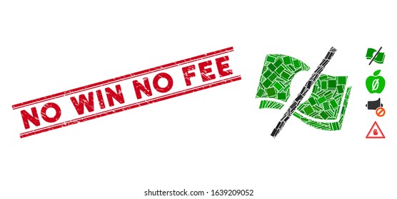 Mosaic no fee icon and red No Win No Fee rubber print between double parallel lines. Flat vector no fee mosaic icon of scattered rotated rectangle items.