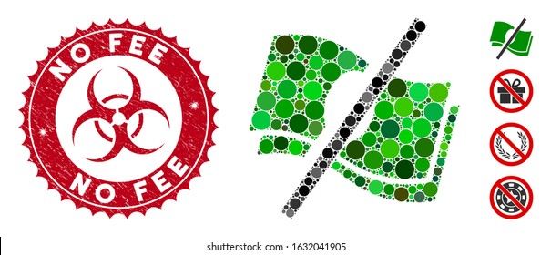 Mosaic no fee icon and rubber stamp seal with No Fee phrase and biohazard symbol. Mosaic vector is formed with no fee icon and with scattered spheric elements. No Fee stamp seal uses red color,