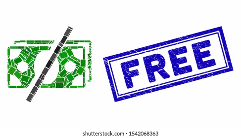 Mosaic no fees and distressed stamp watermark with Free text. Mosaic vector no fees is created with scattered rectangle items. Free stamp seal uses blue color.
