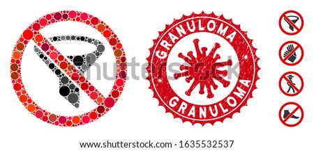 Mosaic no filter icon and red rounded grunge stamp seal with Granuloma text and coronavirus symbol. Mosaic vector is formed with no filter icon and with scattered round spots.