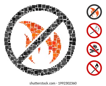 Mosaic No fire icon designed from square items in random sizes and color hues. Vector square items are combined into abstract mosaic no fire icon. Bonus icons are added.