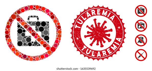 Mosaic no first-aid icon and red round rubber stamp seal with Tularemia text and coronavirus symbol. Mosaic vector is composed with no first-aid pictogram and with randomized round items.