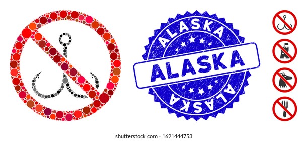 Mosaic no fishing icon and corroded stamp watermark with Alaska phrase. Mosaic vector is designed with no fishing icon and with randomized circle elements. Alaska stamp seal uses blue color,