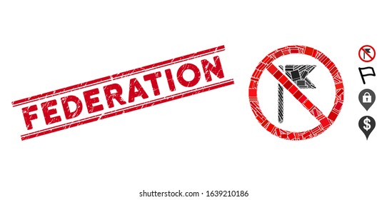Mosaic no flag pictogram and red Federation seal stamp between double parallel lines. Flat vector no flag mosaic pictogram of random rotated rectangular elements.