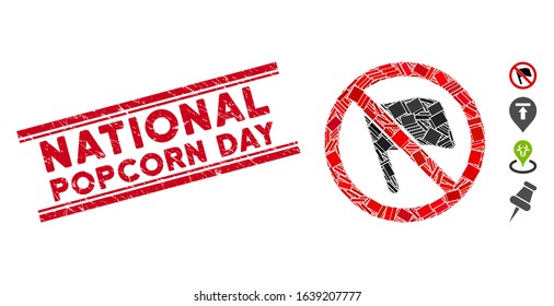 Mosaic no flags pictogram and red National Popcorn Day seal between double parallel lines. Flat vector no flags mosaic pictogram of scattered rotated rectangle items.