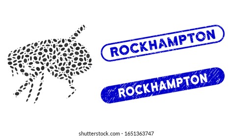 Mosaic no fleas y sellos de sellos con angustiado con texto Rockhampton. El vector mosaico en las pulgas se forma con puntos elípticos dispersos. Los sellos de sello Rockhampton tienen color azul,