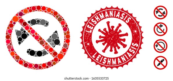 Mosaic no flip arrows icon and red rounded rubber stamp seal with Leishmaniasis caption and coronavirus symbol. Mosaic vector is designed with no flip arrows pictogram and with randomized round spots.