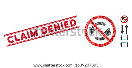 Mosaic no flip arrows icon and red Claim Denied seal stamp between double parallel lines. Flat vector no flip arrows mosaic icon of random rotated rectangle items.