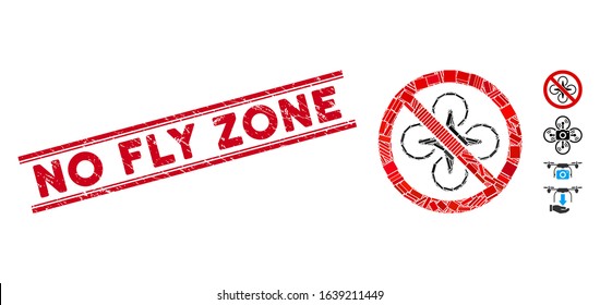 Mosaic no fly drone pictogram and red No Fly Zone seal between double parallel lines. Flat vector no fly drone mosaic pictogram of randomized rotated rectangular items.