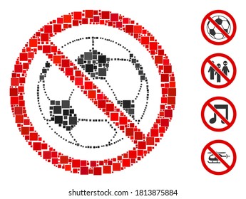 Mosaic No football icon organized from square items in random sizes and color hues. Vector square items are organized into abstract collage no football icon. Bonus pictograms are added.