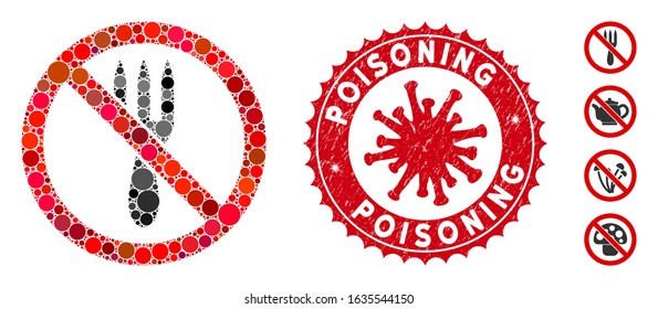 Mosaic no fork icon and red rounded distressed stamp watermark with Poisoning caption and coronavirus symbol. Mosaic vector is composed with no fork icon and with scattered circle items.