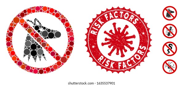 Mosaic no fox icon and red round corroded stamp seal with Risk Factors phrase and coronavirus symbol. Mosaic vector is designed with no fox pictogram and with randomized spheric spots.