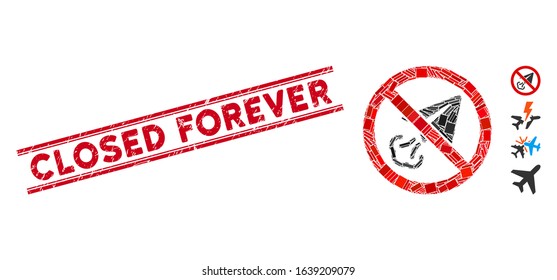 Mosaic no freelance pictogram and red Closed Forever seal stamp between double parallel lines. Flat vector no freelance mosaic pictogram of random rotated rectangular items.
