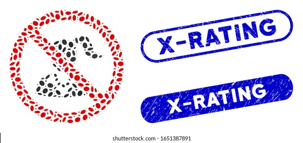 Mosaic no girls and corroded stamp seals with X-Rating text. Mosaic vector no girls is composed with random ellipse dots. X-Rating stamp seals use blue color, and have round rectangle shape.
