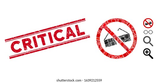Mosaic no glasses pictogram and red Critical seal stamp between double parallel lines. Flat vector no glasses mosaic pictogram of randomized rotated rectangle elements.