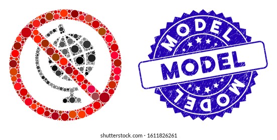 Mosaic no globe model icon and distressed stamp seal with Model phrase. Mosaic vector is composed with no globe model icon and with randomized spheric items. Model stamp uses blue color,