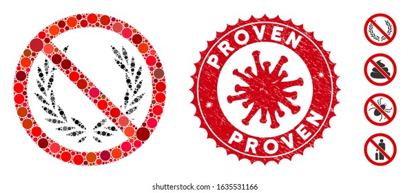Mosaic no glory icon and red rounded rubber stamp seal with Proven caption and coronavirus symbol. Mosaic vector is created with no glory icon and with randomized spheric items.