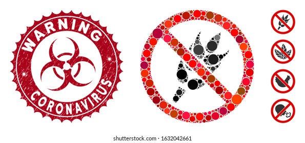 Mosaic no gluten icon and corroded stamp watermark with Warning Coronavirus phrase and biohazard symbol. Mosaic vector is created with no gluten icon and with random round spots.
