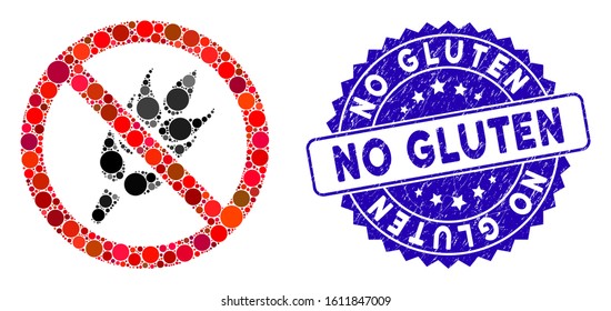 Mosaic no gluten icon and grunge stamp watermark with No Gluten phrase. Mosaic vector is designed with no gluten icon and with random circle elements. No Gluten stamp uses blue color,