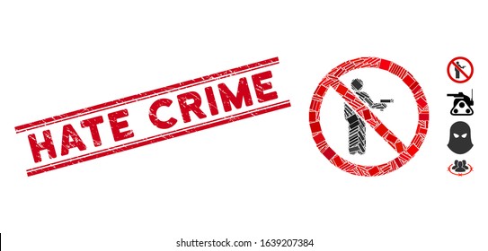 Mosaic no gun using icon and red Hate Crime seal stamp between double parallel lines. Flat vector no gun using mosaic pictogram of random rotated rectangular elements.