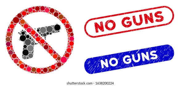 Mosaic no guns and distressed stamp seals with No Guns caption. Mosaic vector no guns is formed with random round dots. No Guns stamp seals use blue and red colors, and have round rectangle shape.