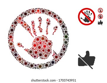 Mosaic no hand touch constructed from SARS virus icons in various sizes, red colors. Vector viral icons are combined into abstract mosaic no hand touch icon. Some bonus icons are added.