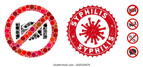 Mosaic no handshake icon and red round corroded stamp seal with Syphilis caption and coronavirus symbol. Mosaic vector is designed with no handshake icon and with scattered round spots.