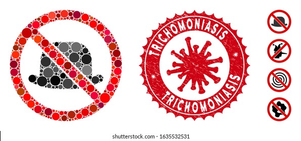 Mosaic no hat icon and red rounded grunge stamp watermark with Trichomoniasis caption and coronavirus symbol. Mosaic vector is composed with no hat pictogram and with scattered round spots.