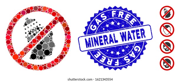 Mosaic no head shower icon and distressed stamp seal with Gas Free Mineral Water text. Mosaic vector is formed with no head shower icon and with scattered spheric items.