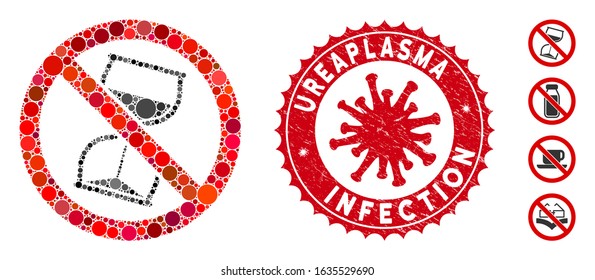Mosaic no hourglass icon and red round rubber stamp seal with Ureaplasma Infection text and coronavirus symbol. Mosaic vector is created with no hourglass icon and with random round items.