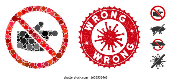 Mosaic no index finger icon and red rounded grunge stamp watermark with Wrong text and coronavirus symbol. Mosaic vector is composed with no index finger pictogram and with random round items.