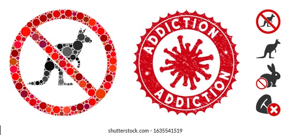 Mosaic no kangaroo icon and red rounded rubber stamp seal with Addiction caption and coronavirus symbol. Mosaic vector is created with no kangaroo icon and with randomized circle items.
